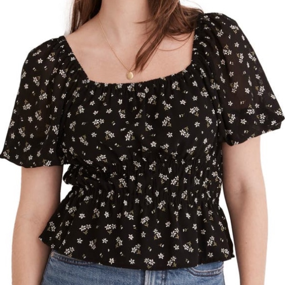 Madewell Zira Shirred Puff Sleeve Blouse, Ditsy Floral Black